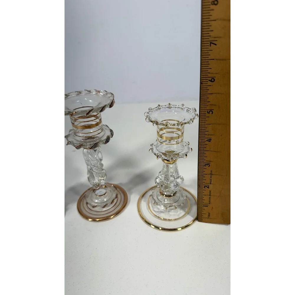 Vintage Murano Style Glass Candlestick Holders Set of 3 Gold Trim Green Clear